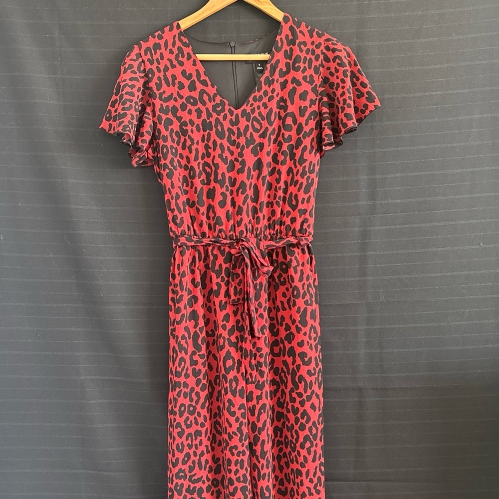 Enfocus Studio Red Black Leopard Print Tie Belt Jump Suit One Piece S/S Pants 6